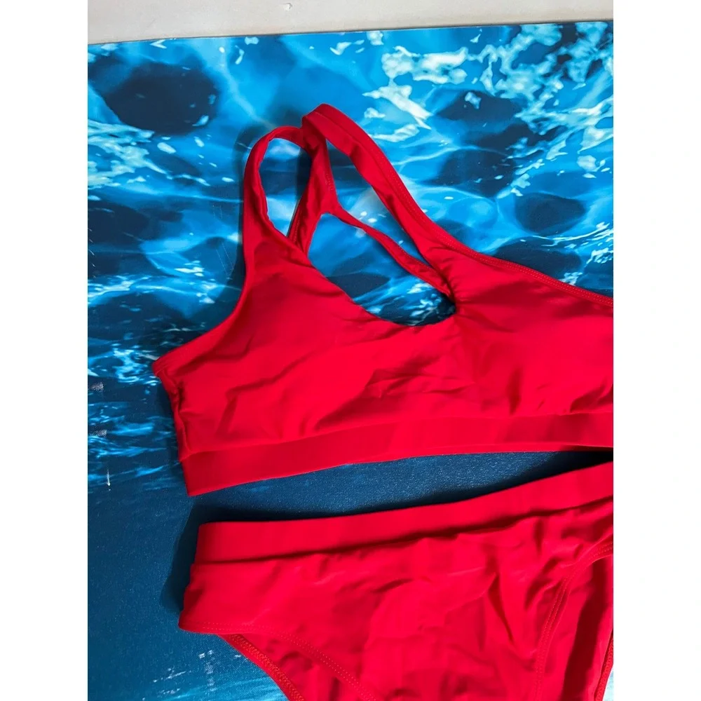 ☀️Red Shoulder High Waisted Bikini Set Two Piece Swimsuit Size Large